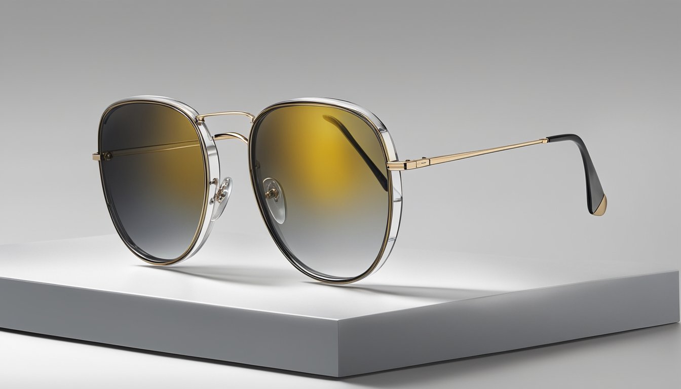 A pair of Masunaga glasses sits on a sleek display table, catching the light and drawing the viewer's attention. The elegant design and craftsmanship are evident, inviting the viewer to explore further