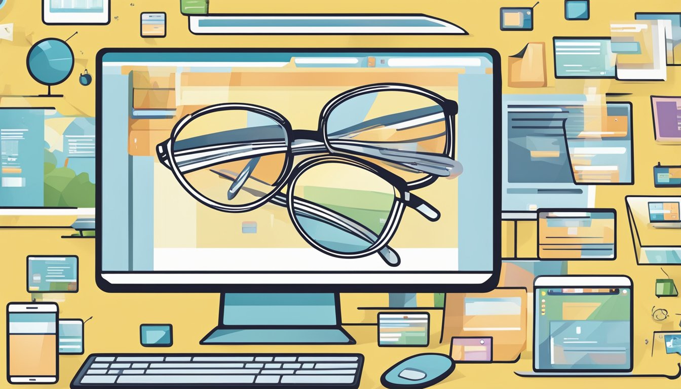 A computer screen displays a website with various Masunaga glasses. A cursor hovers over a pair, ready to click and make a purchase