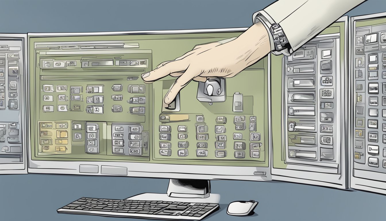 A hand reaches out to select from a variety of locks displayed on a computer screen, with the option to "buy locks online" highlighted