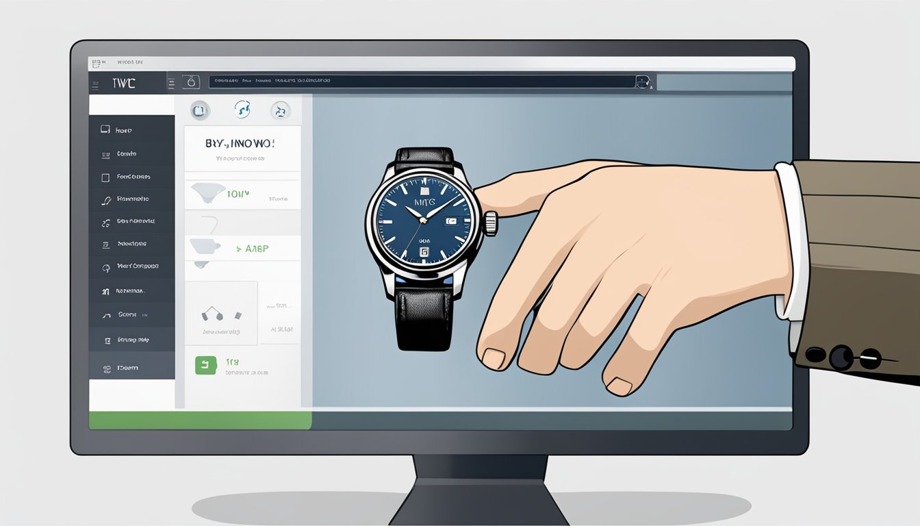 A hand reaches for a sleek IWC watch displayed on a computer screen, with the "buy now" button highlighted