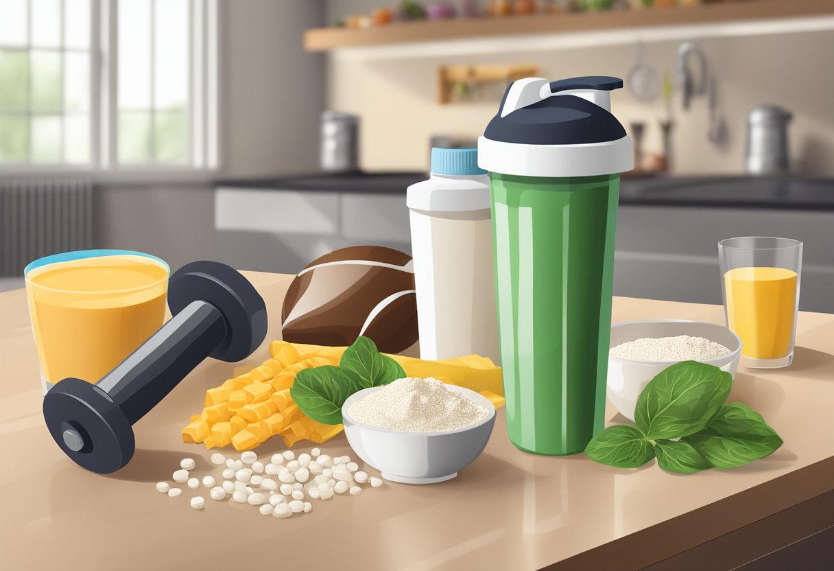A protein shake and other nutrients are laid out on a table, with exercise equipment in the background. The focus is on the importance of protein after a workout