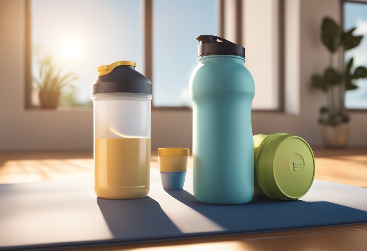 A container of protein powder sits next to a shaker bottle on a workout mat. The sun streams in through a nearby window, casting a warm glow on the scene
