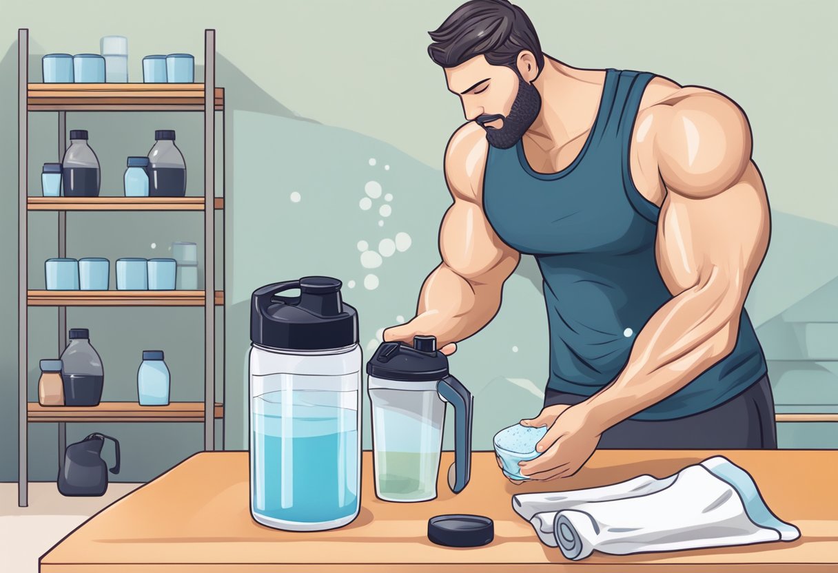 A person mixing protein powder with water in a shaker bottle after a workout. The gym equipment and a towel are visible in the background