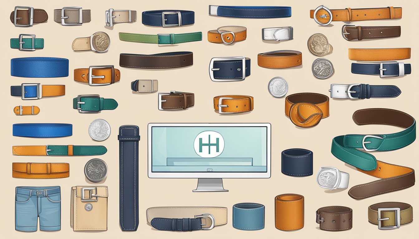 A computer screen displaying an online shopping website with the option to buy a Hermes belt, with the brand logo and various belt options visible
