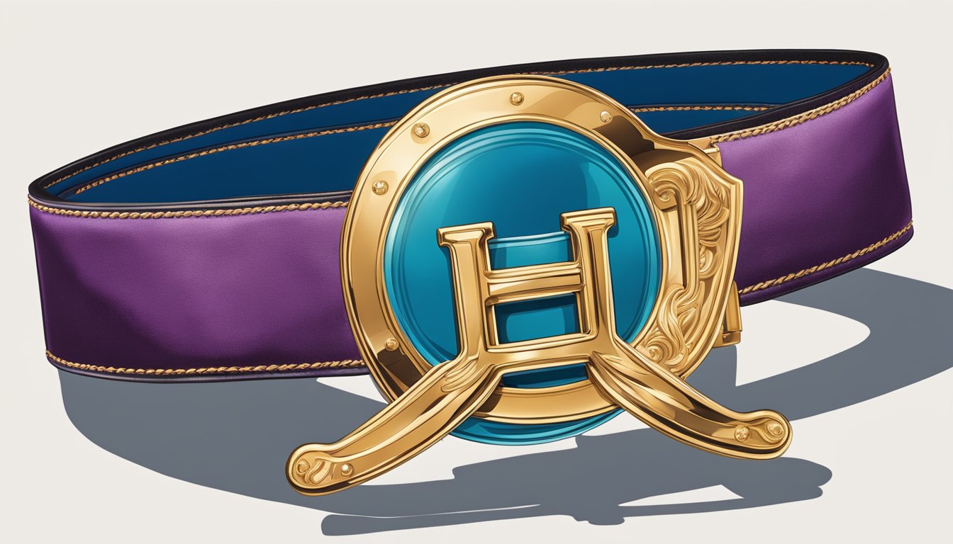 A luxurious Hermes belt sits on a velvet display, catching the light and exuding elegance. The iconic H buckle gleams, drawing in the viewer's eye