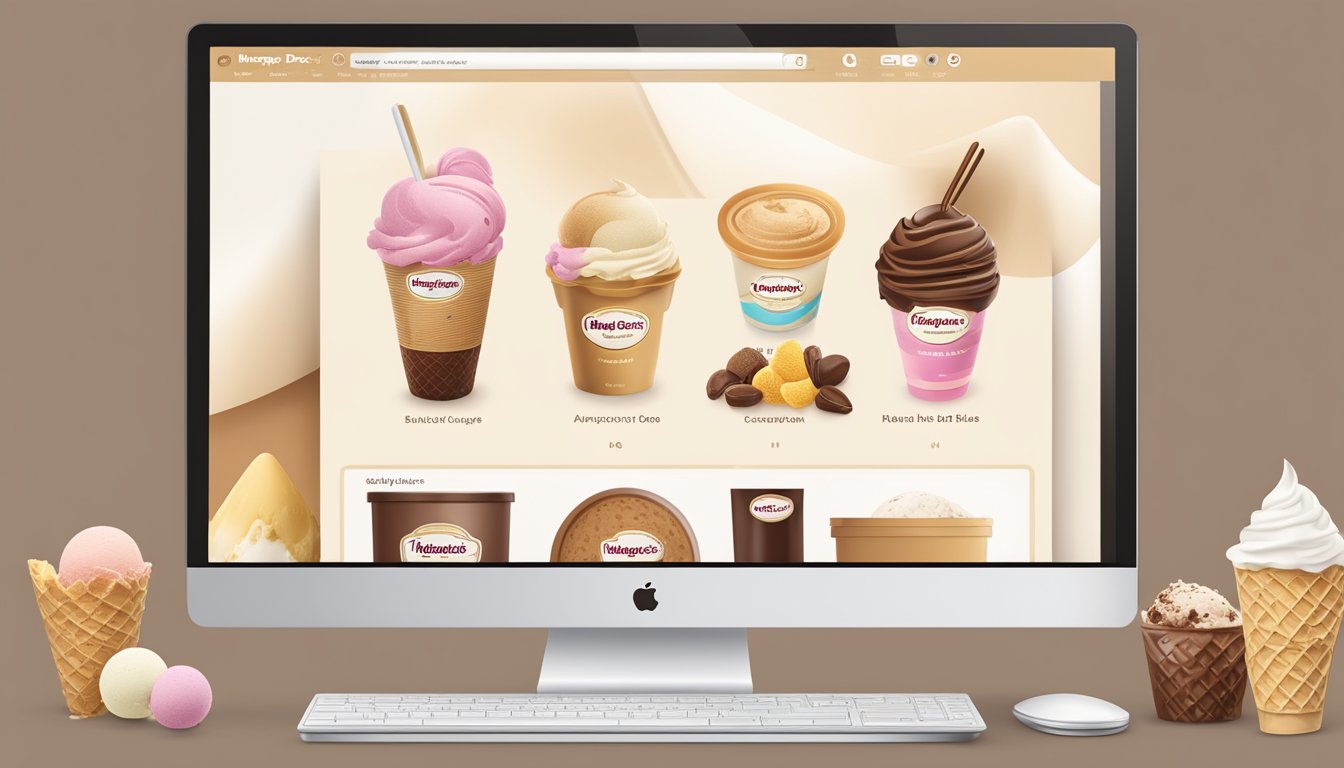 A computer screen displaying the Häagen-Dazs website with a variety of ice cream flavors and a "buy now" button highlighted