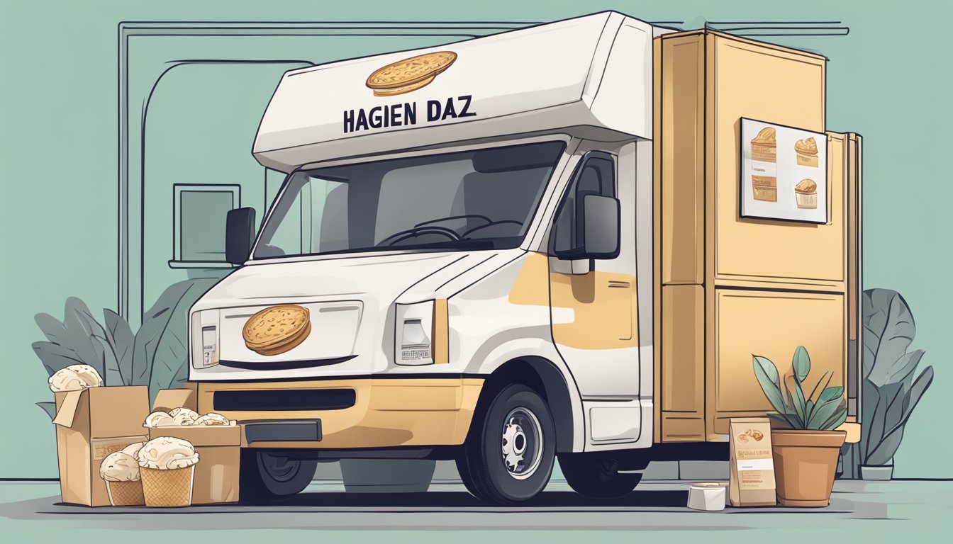 A laptop open on a kitchen counter, with a carton of Häagen-Dazs ice cream on the screen. A delivery truck outside, dropping off a package
