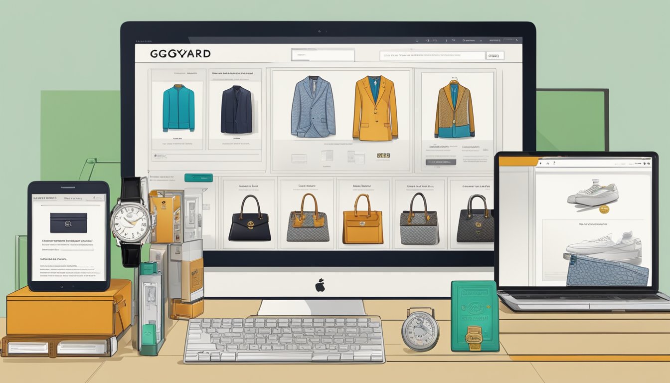 A computer screen displaying the Goyard website with a selection of products, a credit card and shipping address ready for purchase