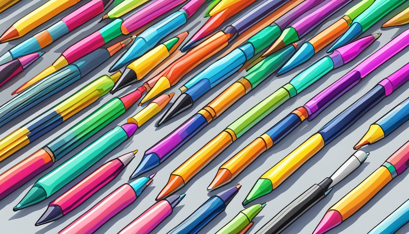 Colorful gel pens arranged in rows on a computer screen. A cursor hovers over the "add to cart" button