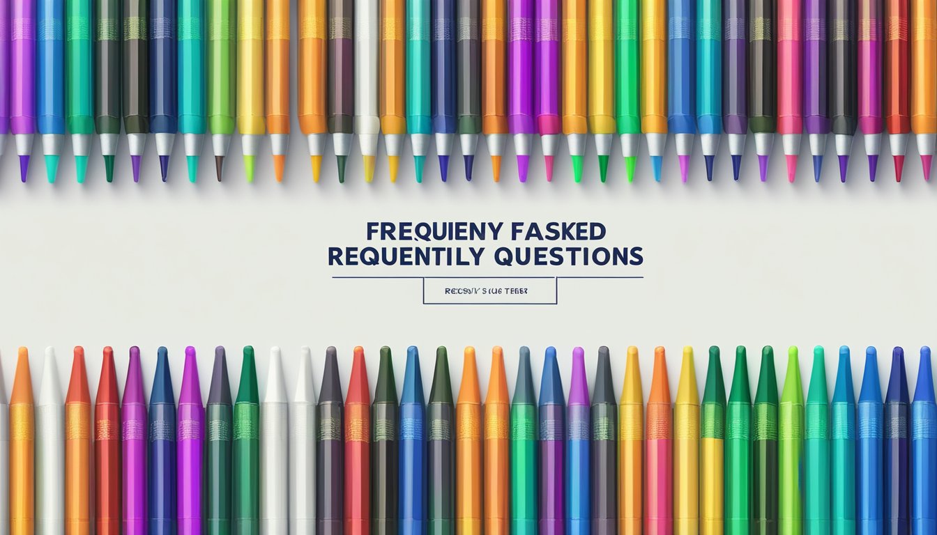 Colorful gel pens arranged in rows on a computer screen, with a "Frequently Asked Questions" heading above them