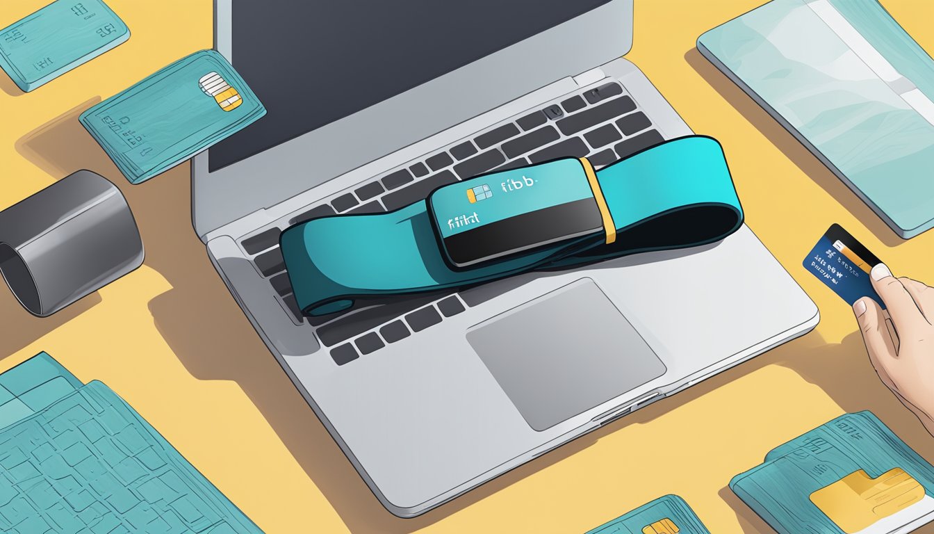 A hand clicks "buy fitbit strap" on a laptop, with a package icon and credit card nearby