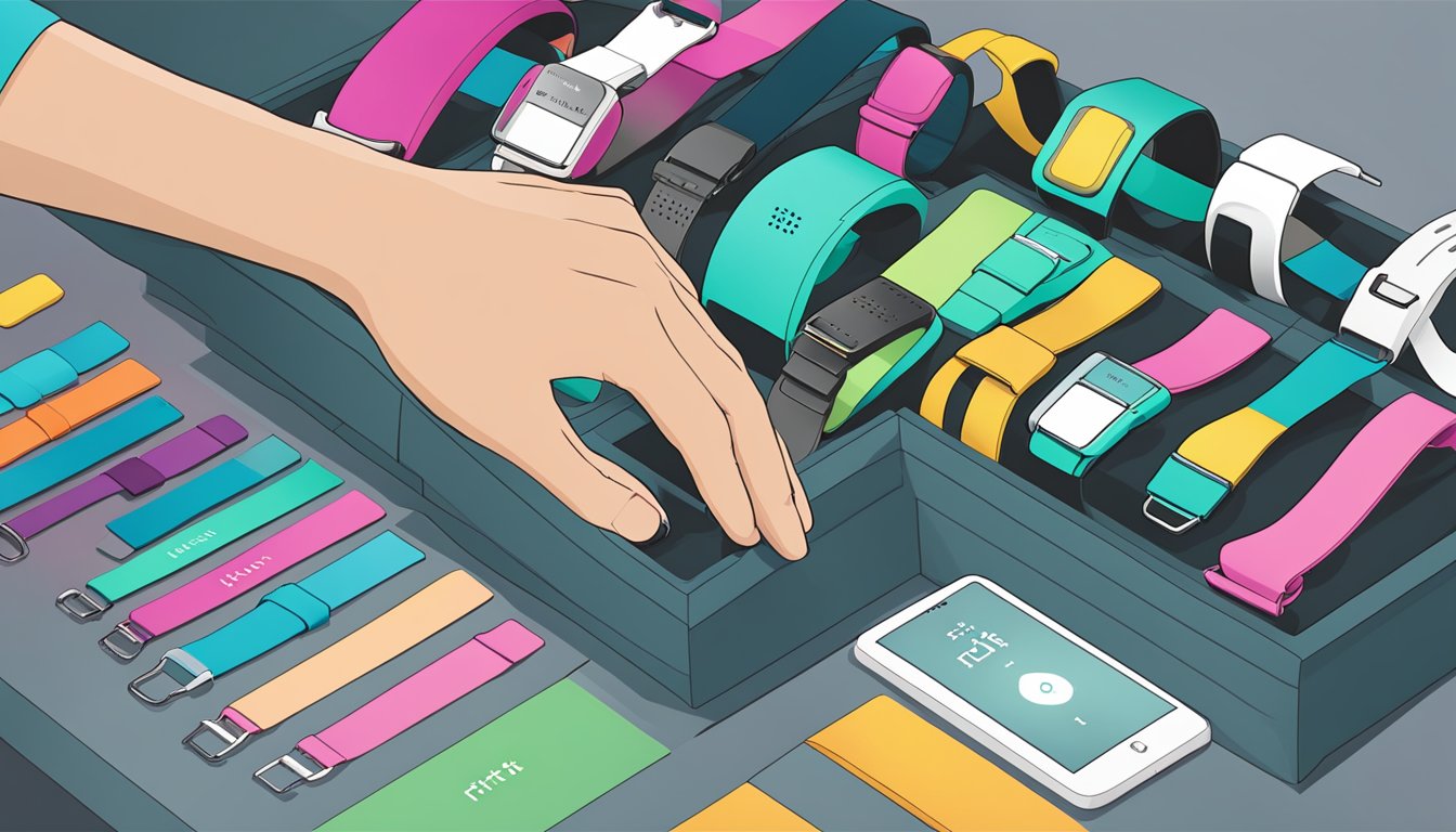 A hand reaches for a display of Fitbit straps, showcasing various styles and colors. The online shopping tab is open on a computer in the background