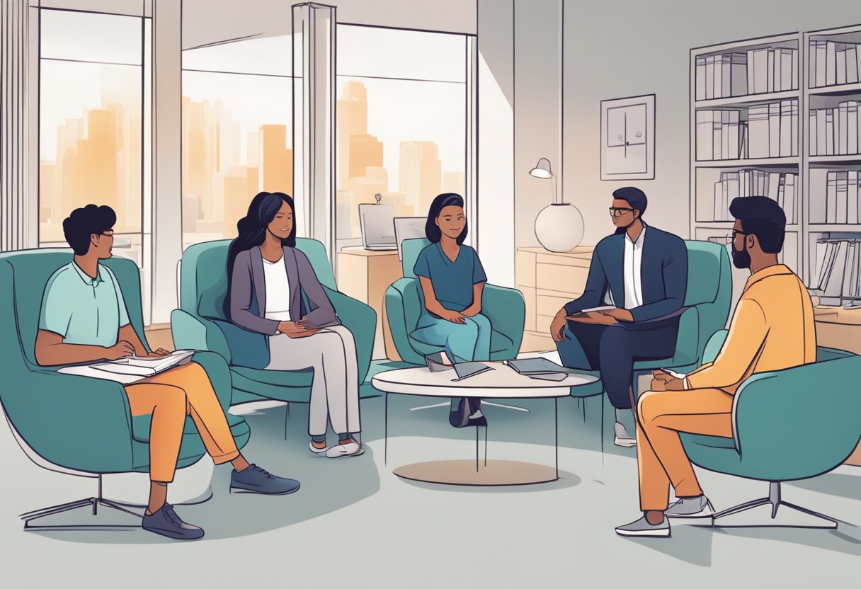 A psychologist discusses therapy with a group of tech professionals in a modern office setting