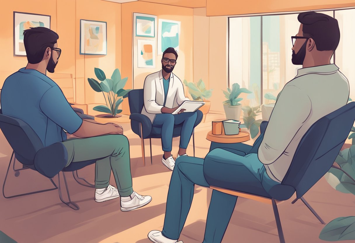 A clinical psychologist engages with tech bros in therapy, creating a safe and supportive environment