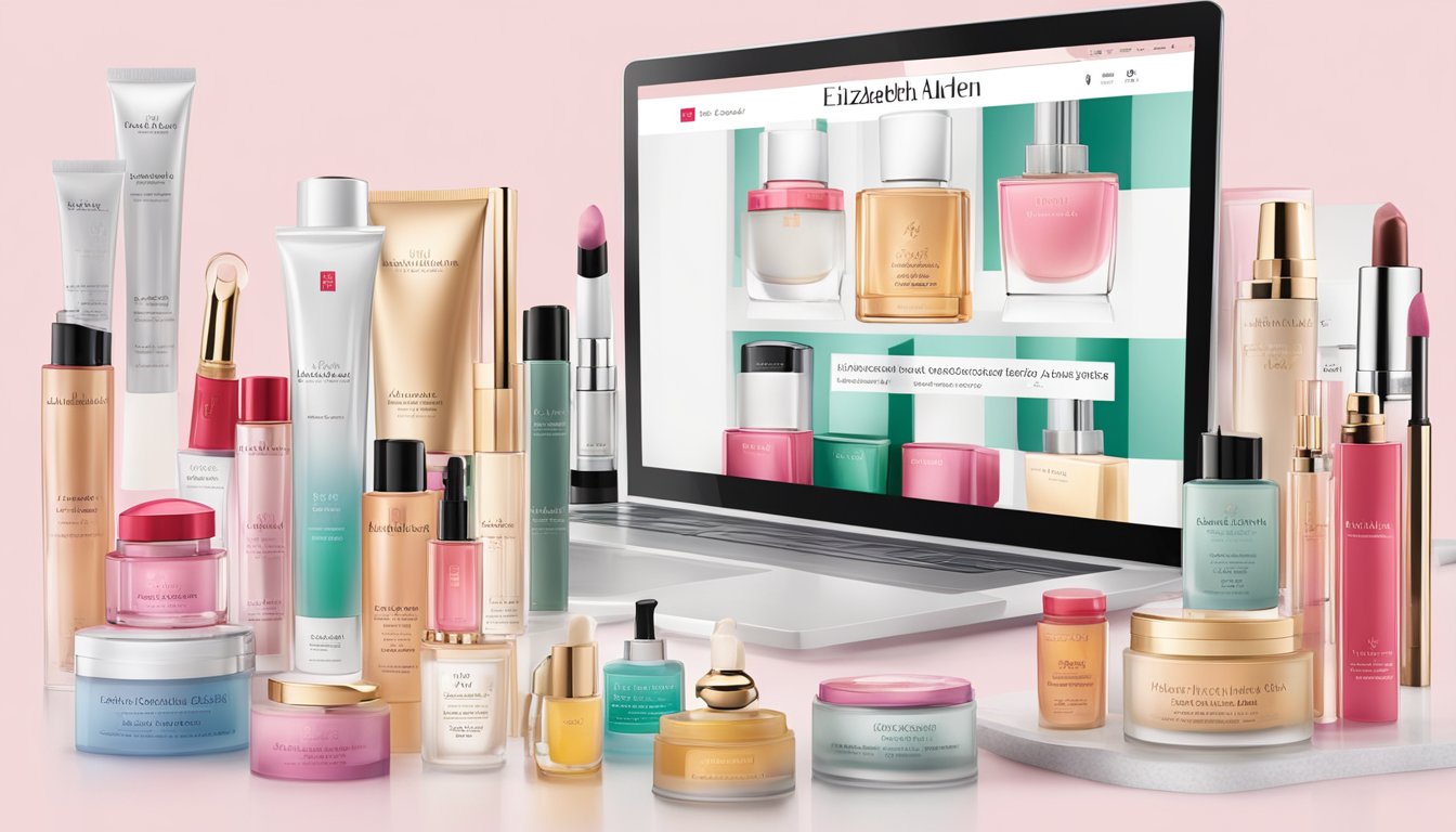 A computer screen displaying the Elizabeth Arden website with a variety of products and a "buy now" button