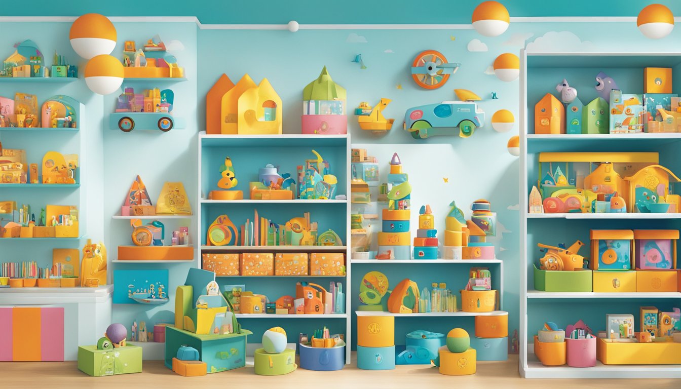 A colorful display of Djeco toys arranged on shelves with a variety of playful and imaginative designs. Bright packaging and engaging features draw attention