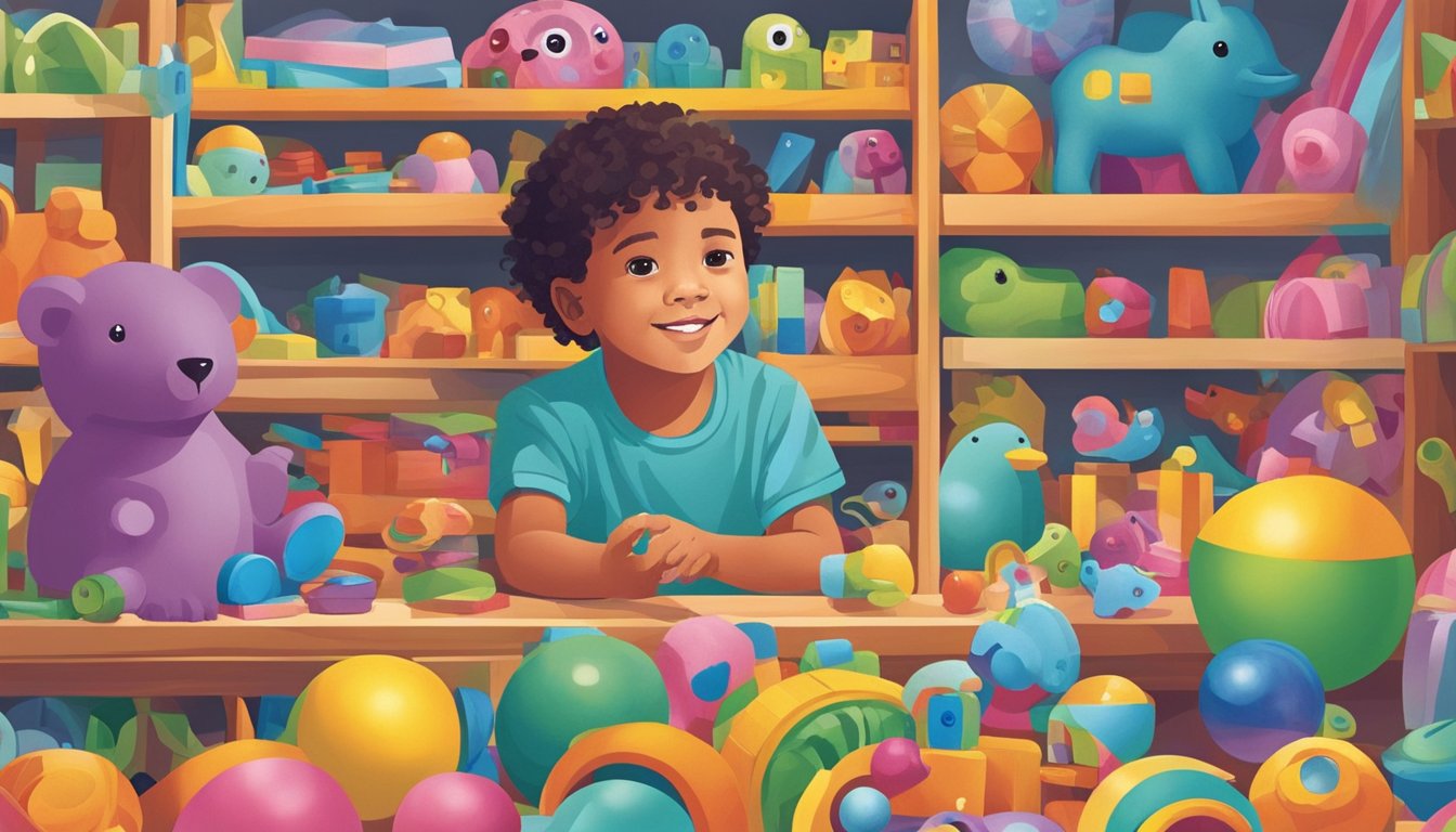 A child carefully selects a colorful Djeco toy from a shelf, surrounded by a variety of other toys. The child's eyes are bright with excitement as they make their choice