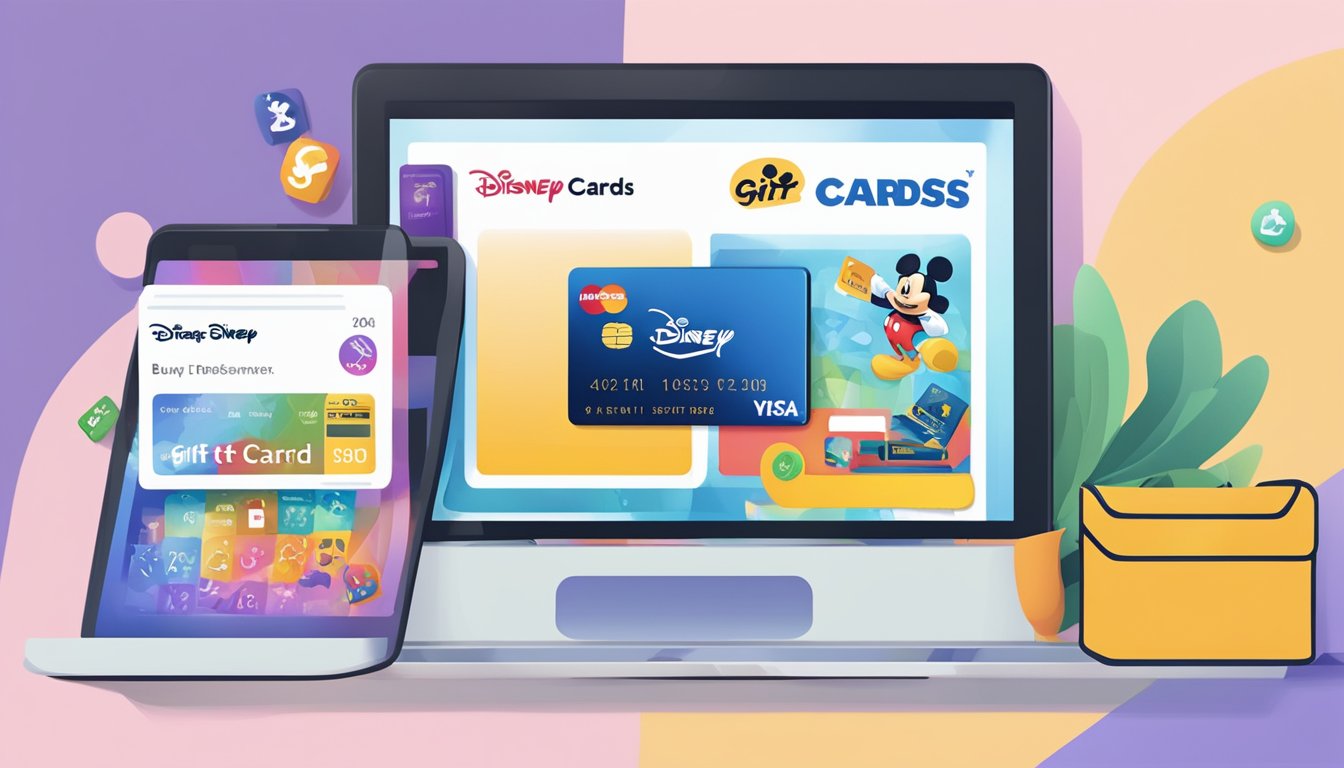 A computer screen displays a website with a "Buy Disney Gift Cards Online" button. A credit card sits next to the keyboard