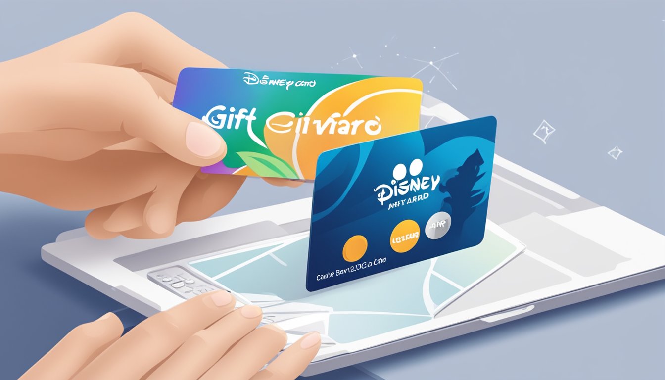 A hand holds a Disney Gift Card while making an online purchase. The website displays the card's design and a payment confirmation message