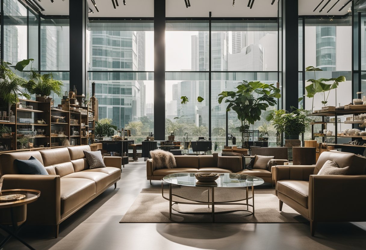 A spacious furniture shop in Singapore displays modern and traditional pieces, with natural light streaming in from large windows