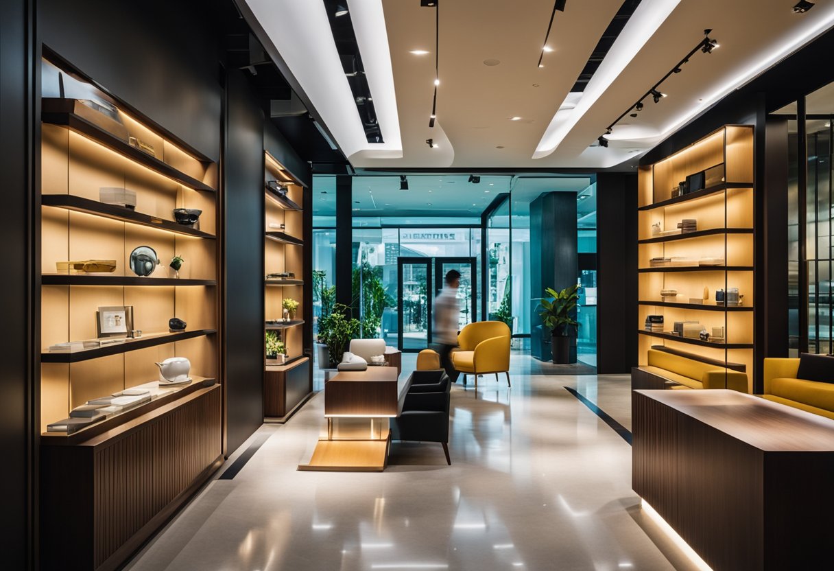 A person entering a modern furniture shop in Singapore, surrounded by sleek designs and vibrant colors