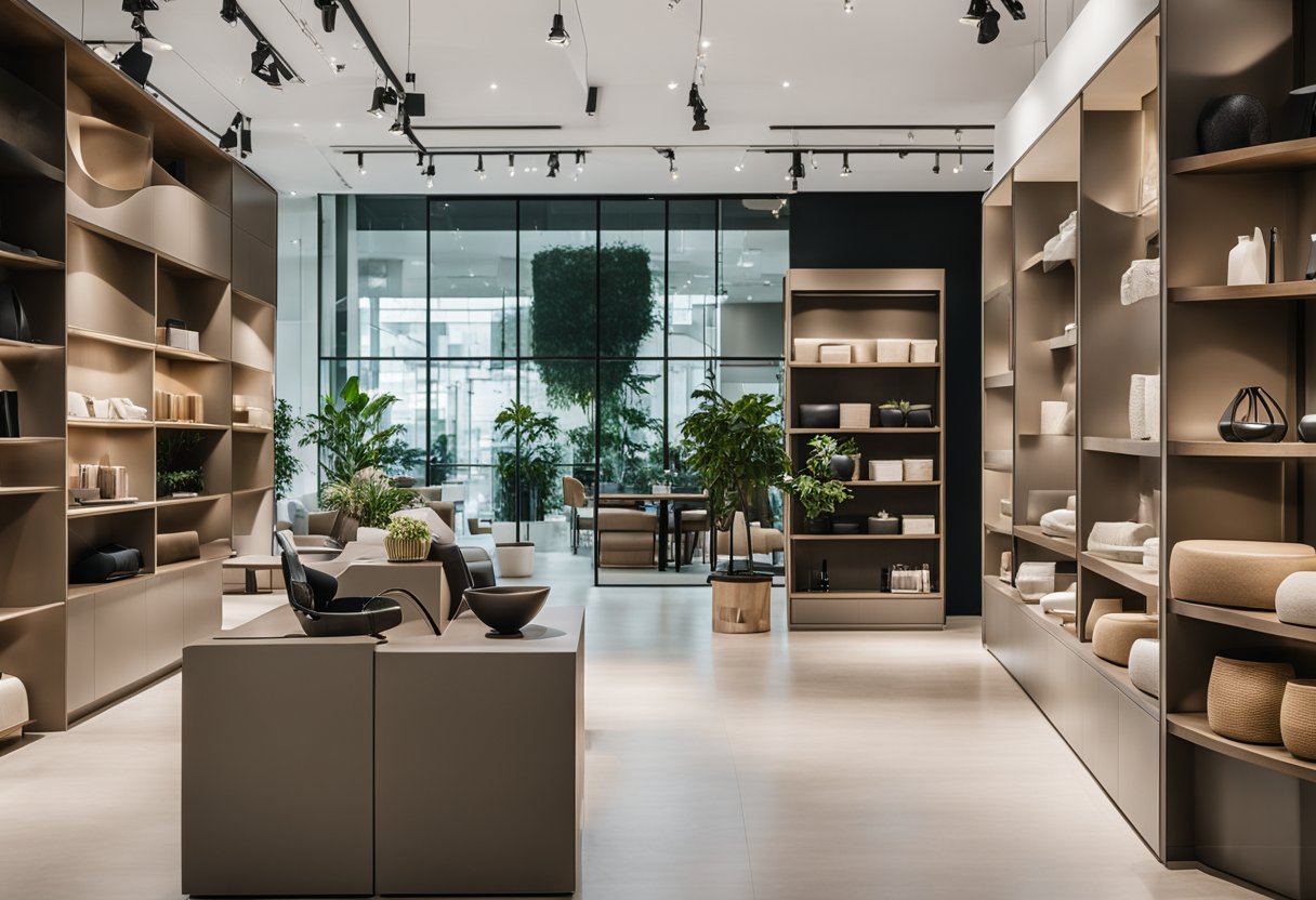A modern furniture shop in Singapore with sleek, minimalist designs and a neutral color palette. The space is filled with natural light and features clean lines and elegant displays of furniture and decor