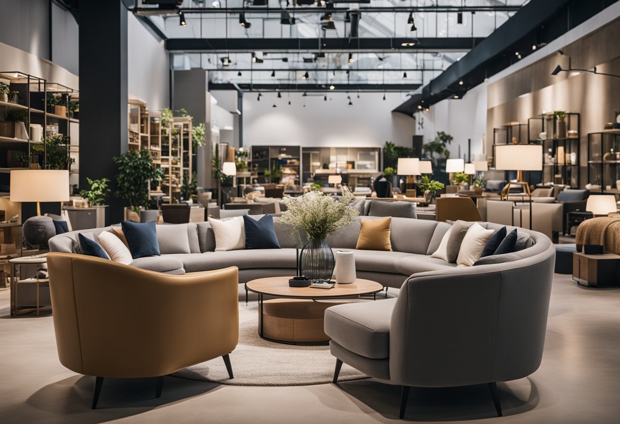 Customers browsing modern furniture in a spacious showroom with natural light and stylish displays