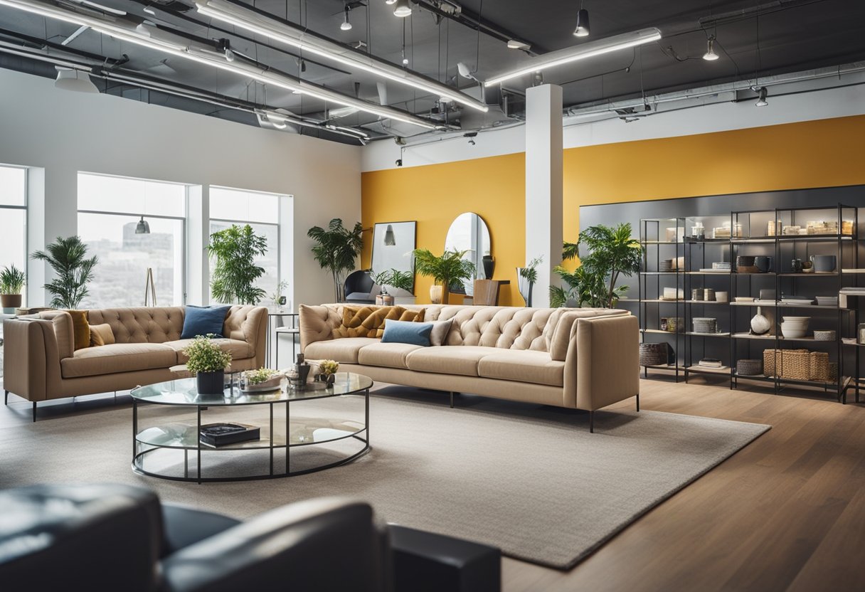 A bright, spacious showroom filled with modern, stylish furniture. Price tags display affordable prices, while customers admire the value and quality