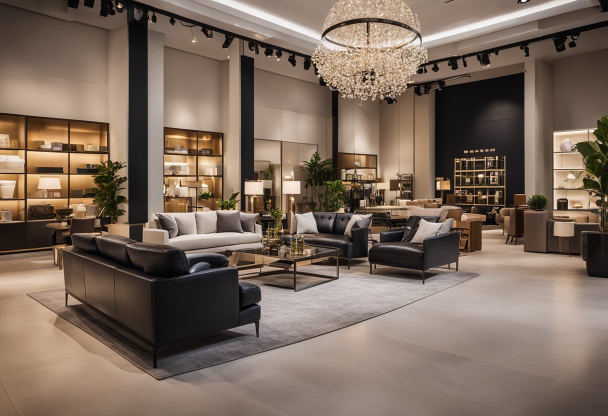 A spacious furniture shop with modern displays, warm lighting, and a variety of stylish furniture pieces arranged neatly throughout the showroom