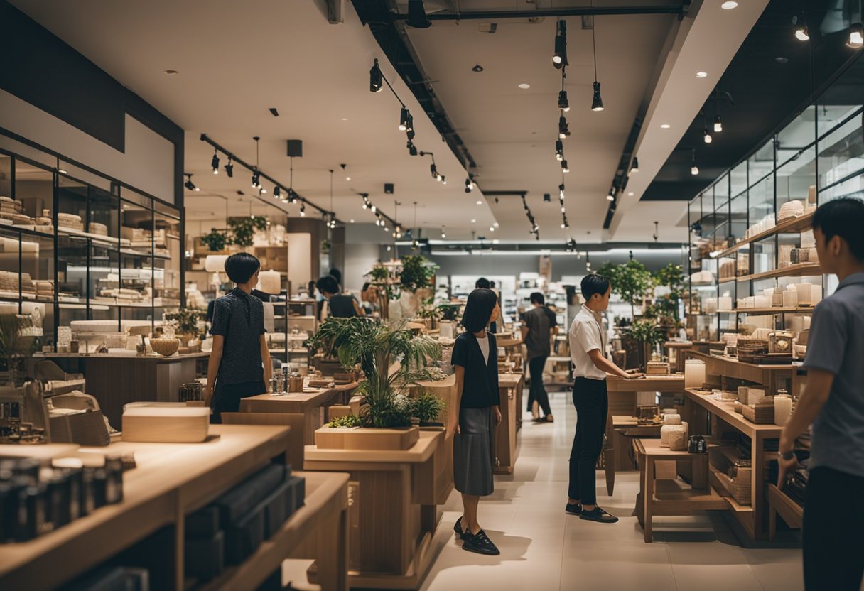 A bustling furniture shop in Singapore, with customers browsing, staff assisting, and a wide range of products on display