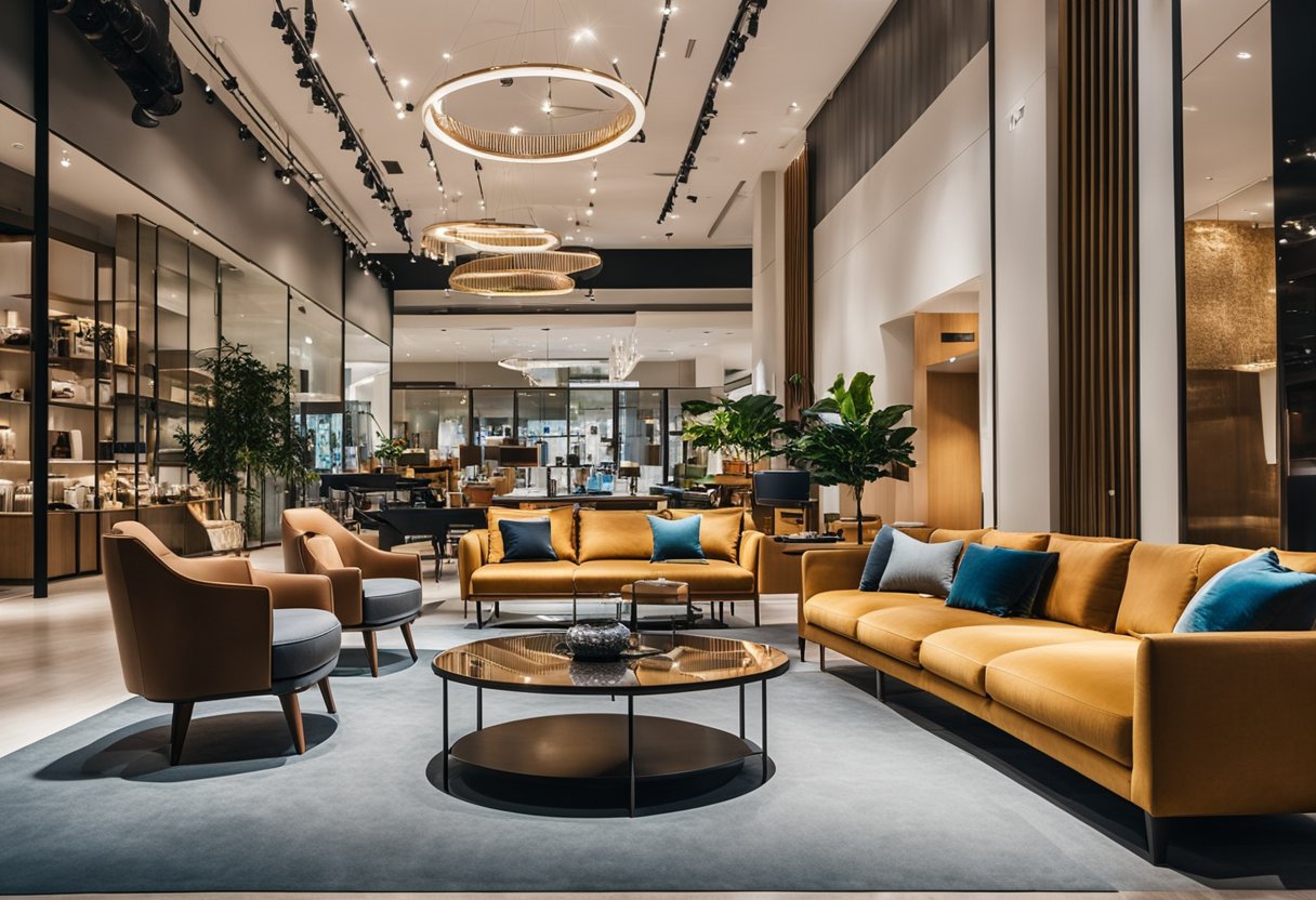 A person walks through a modern furniture store in Singapore, admiring sleek designs and vibrant colors. Displayed items include sofas, tables, and chairs