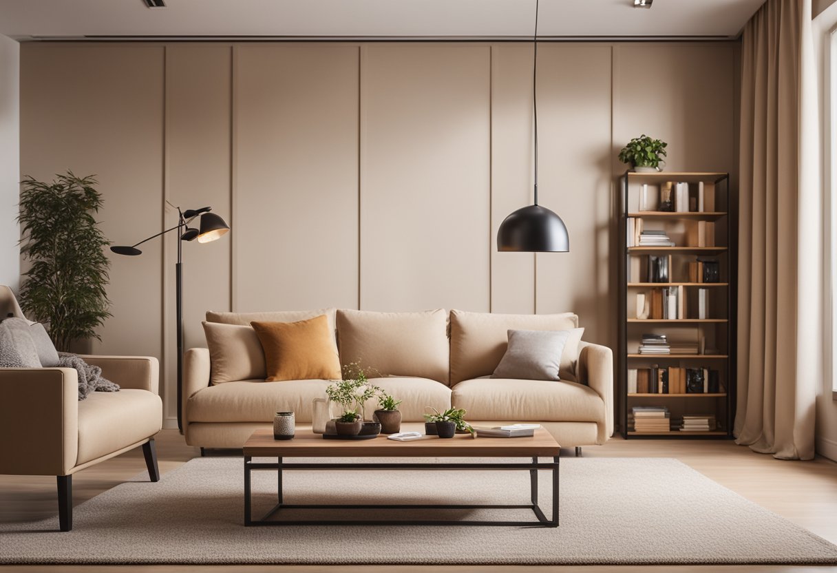 A cozy living room with a plush sofa, a sleek coffee table, and a functional bookshelf against a backdrop of warm, neutral-colored walls