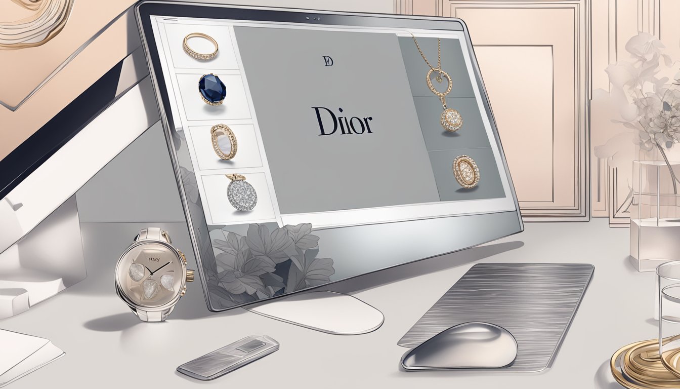 A computer screen showing a website with Dior jewelry displayed. Add a sleek and modern design with the Dior logo prominently featured