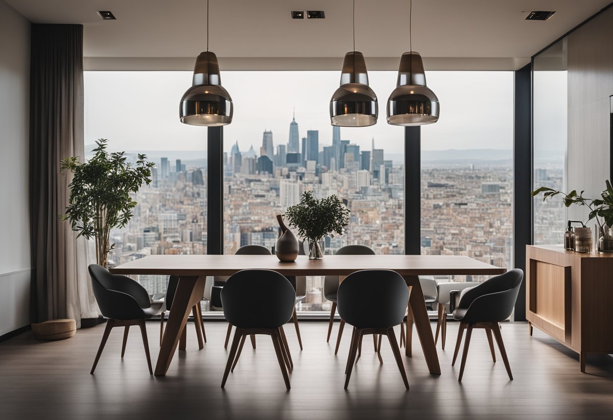 A modern dining room with sleek, minimalist furniture. A long, wooden table surrounded by stylish chairs. Soft lighting and a large window with a city view