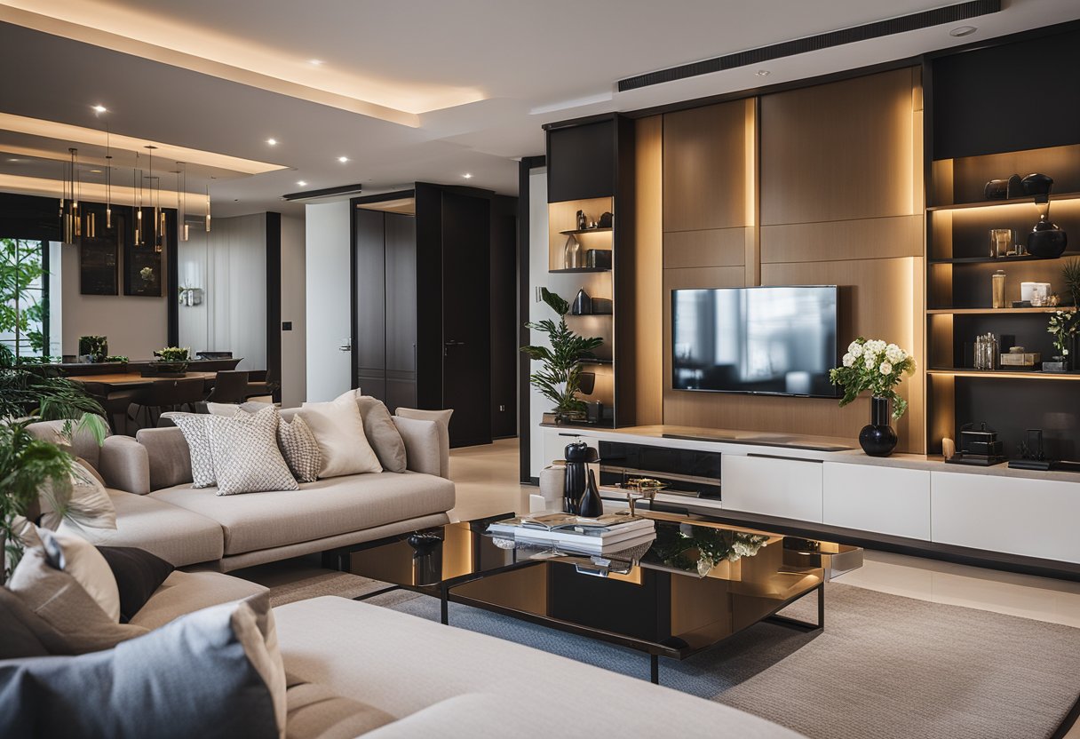 A modern living room with sleek tables and consoles, complemented by stylish decor and accentuating the interiors of a Singaporean home