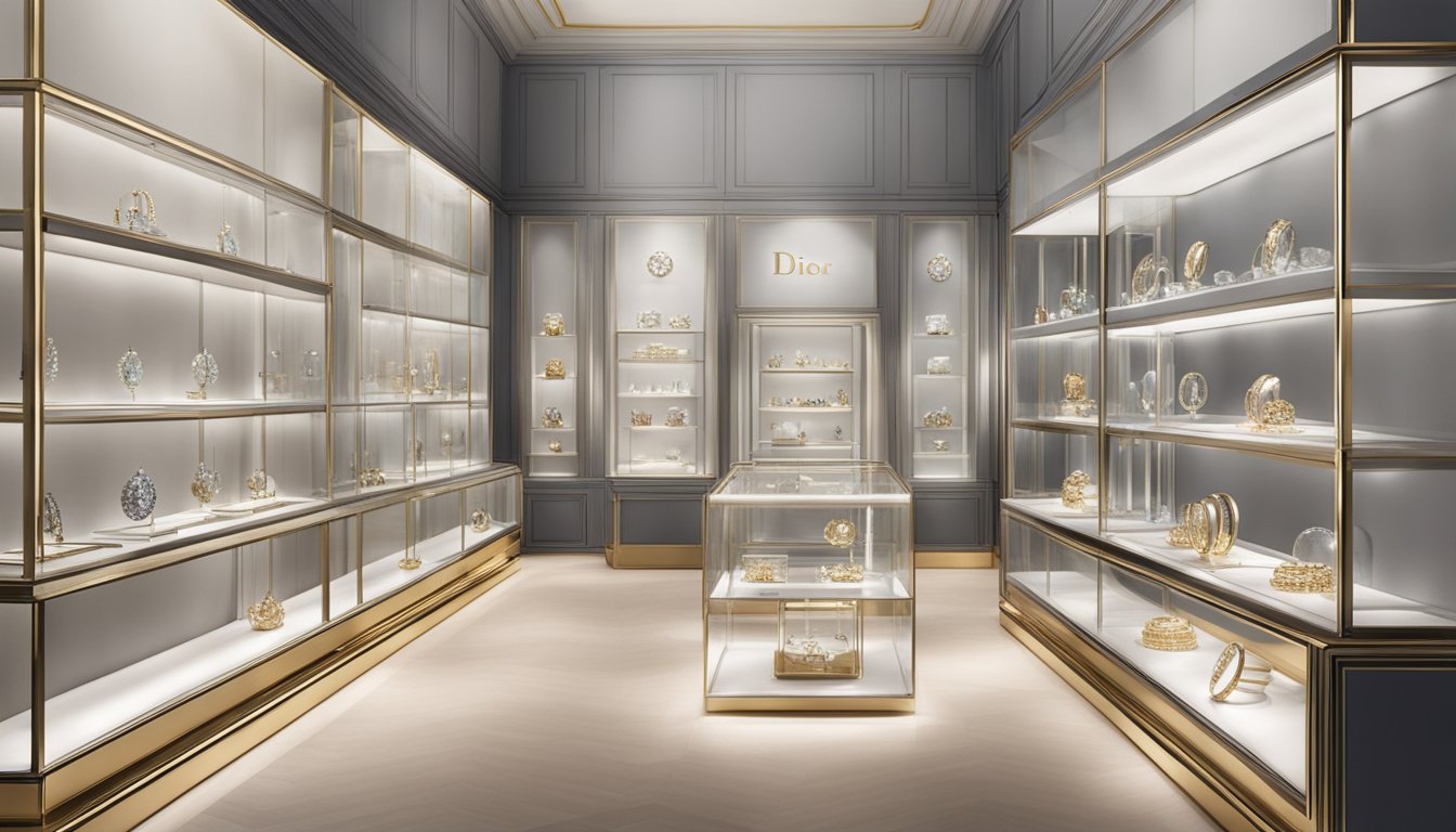 A display case showcases Dior's stunning jewellery collection, shimmering under soft lighting. Elegantly designed necklaces, bracelets, and rings are arranged in a captivating arrangement