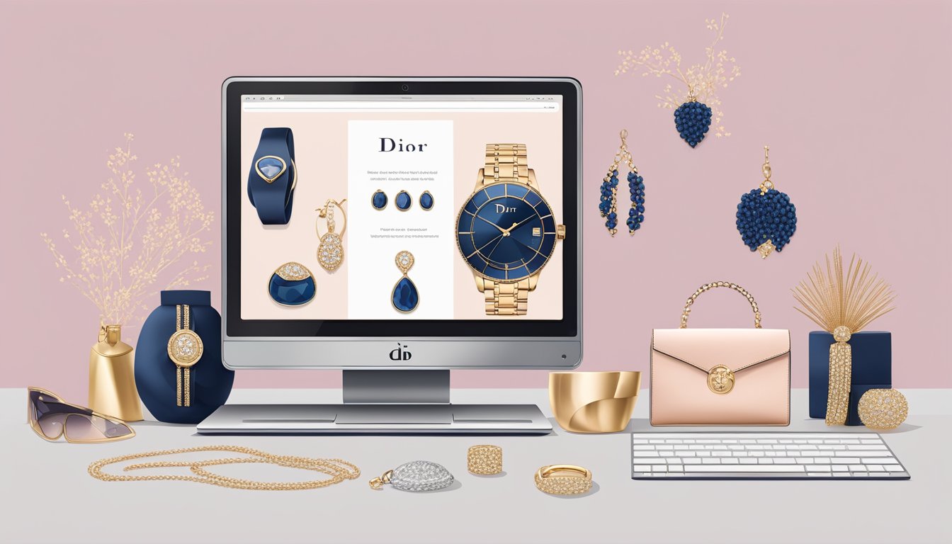 A laptop displaying a website with Dior jewelry, surrounded by luxury items and a sleek, modern decor