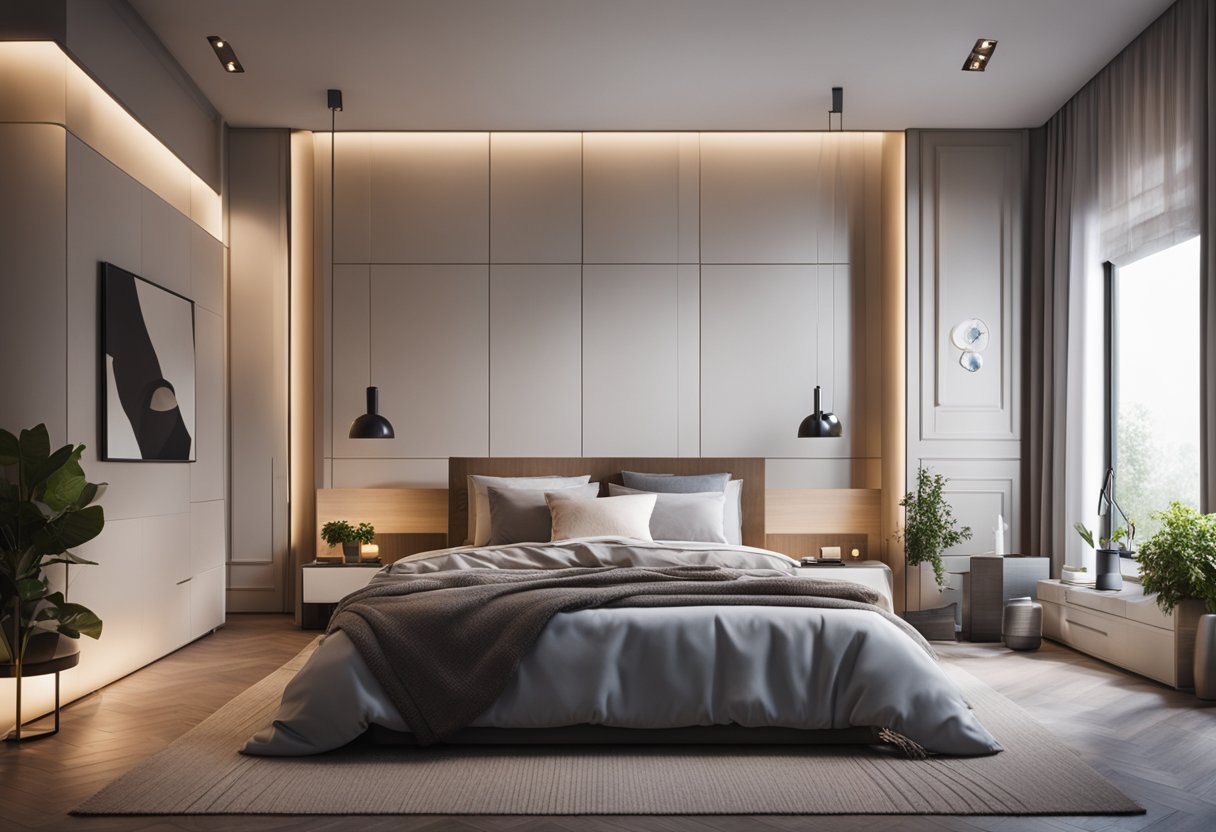A cozy bedroom with a large bed, bedside tables, a wardrobe, and a dresser. Soft lighting and a rug add warmth to the space