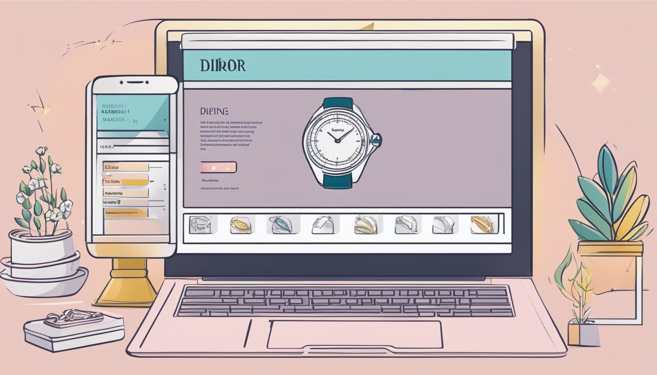 A computer screen displaying a website with "Frequently Asked Questions" about buying Dior jewelry online. A cursor hovers over the menu options