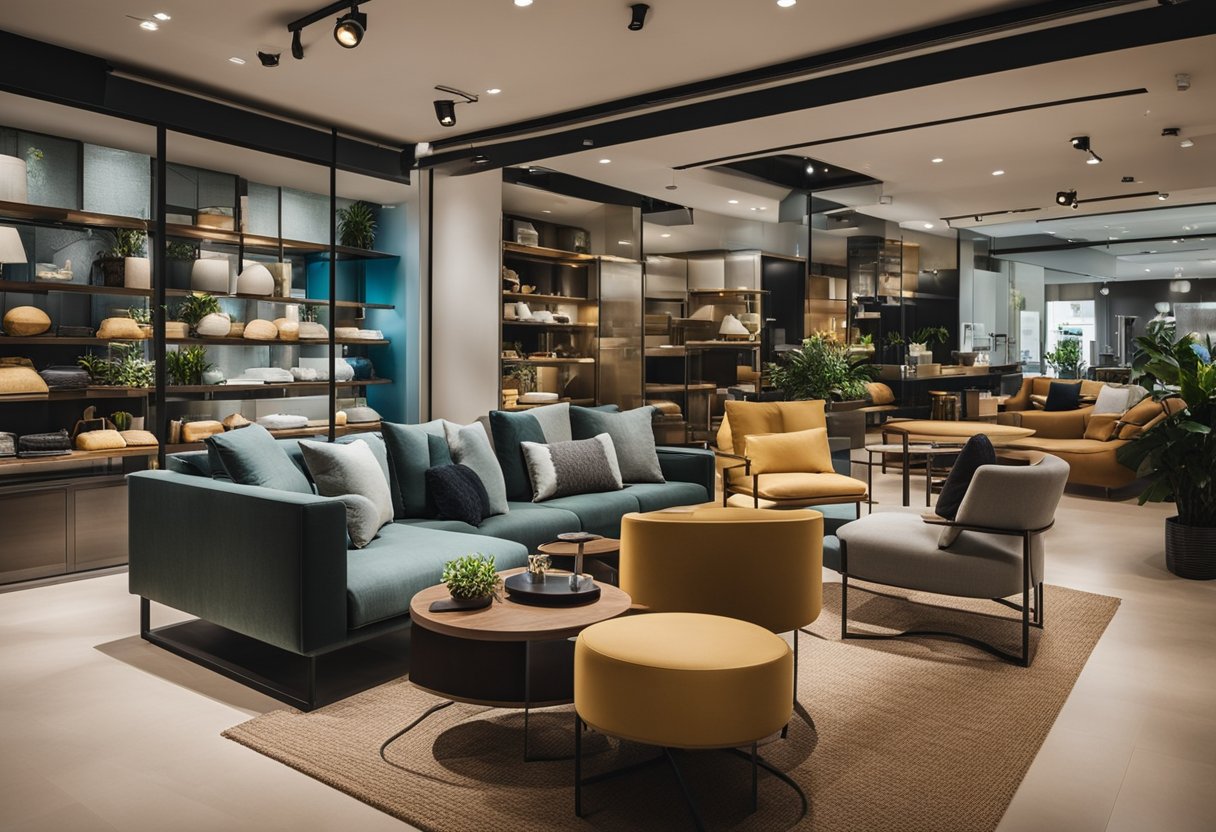 A furniture store in Singapore offers additional services and policies. Displayed items include sofas, tables, and chairs