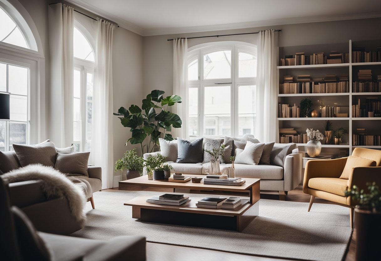 A cozy living room with modern furniture, a sleek coffee table, and a comfortable sofa. A bookshelf filled with books and decorative items. Bright natural light coming in from the large window