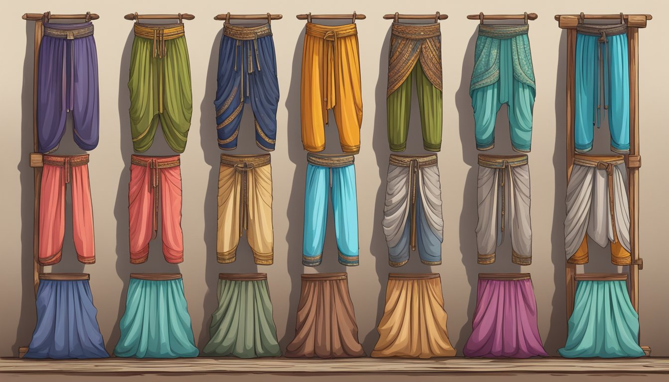 A colorful array of dhoti pants draped over a rustic wooden display, showcasing their versatility in style and design