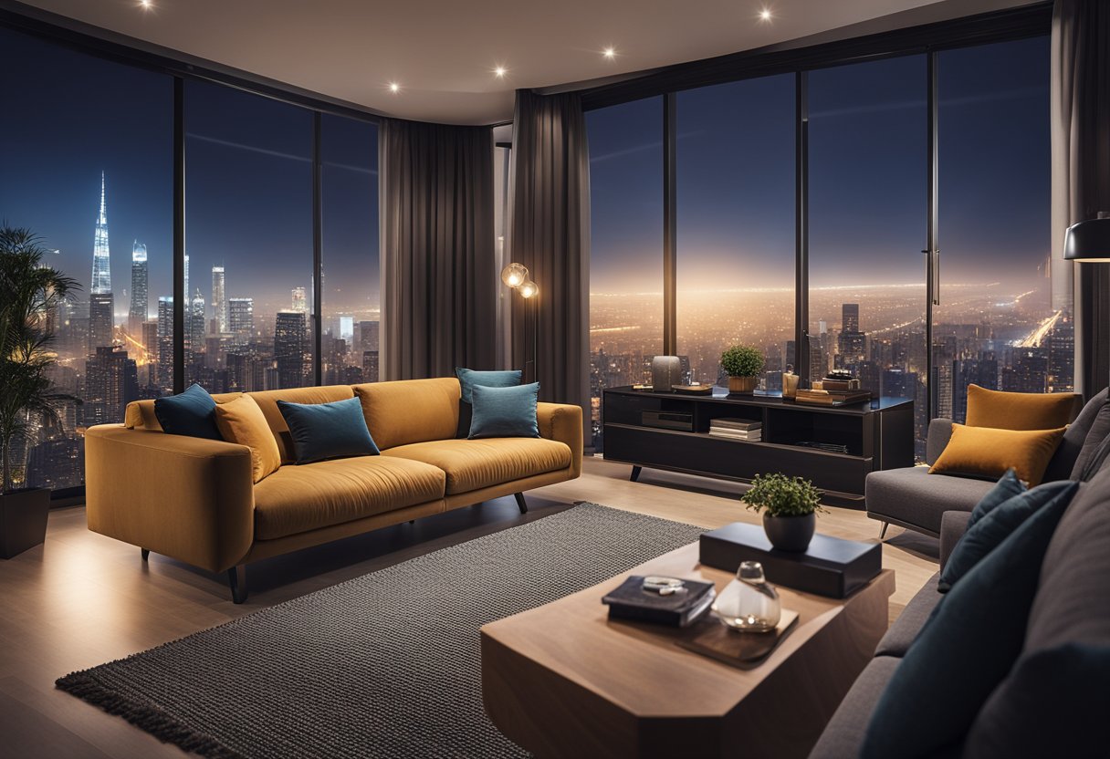 A cozy living room with a modern sofa, a stylish coffee table, and a sleek entertainment unit, all set against the backdrop of a stunning cityscape