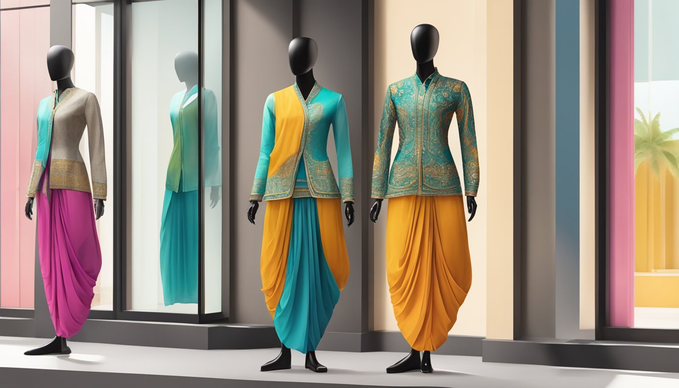 A mannequin wearing dhoti pants in a vibrant color, paired with a modern top and stylish accessories, standing out in a display window