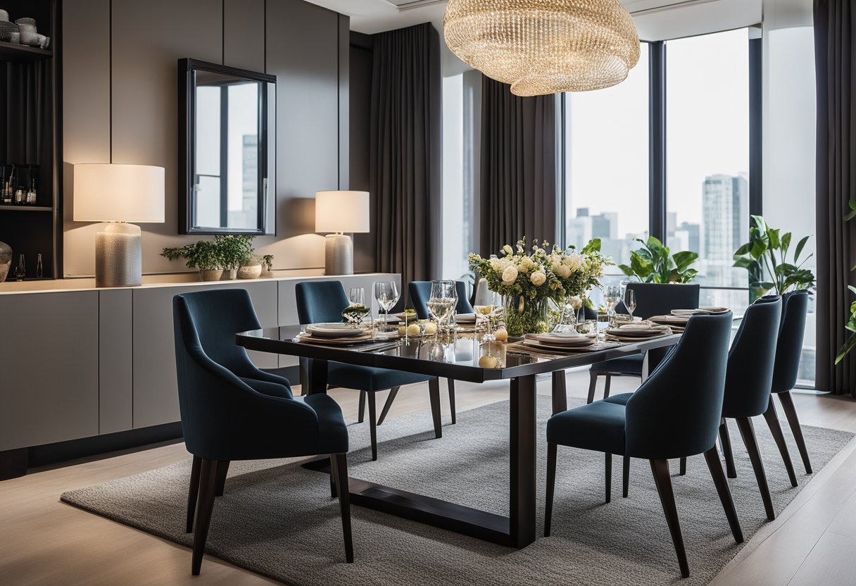 A modern dining table set with elegant chairs, sleek lighting, and a stylish rug, creating a chic and inviting eating area