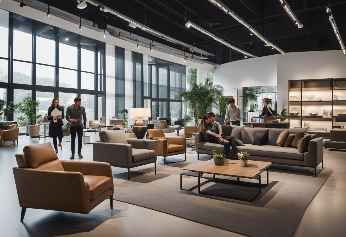 Customers browsing modern furniture in a spacious showroom with large windows. Various styles and designs displayed with price tags. Staff assisting and arranging displays