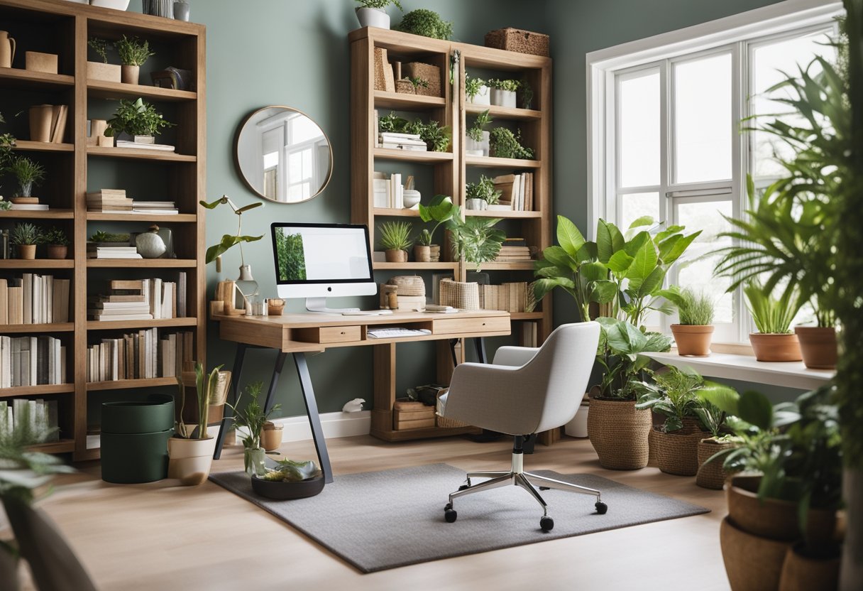 A bright, airy home office with a sleek desk, ergonomic chair, and shelves filled with books and decorative items. A large window lets in natural light, and a potted plant adds a touch of greenery