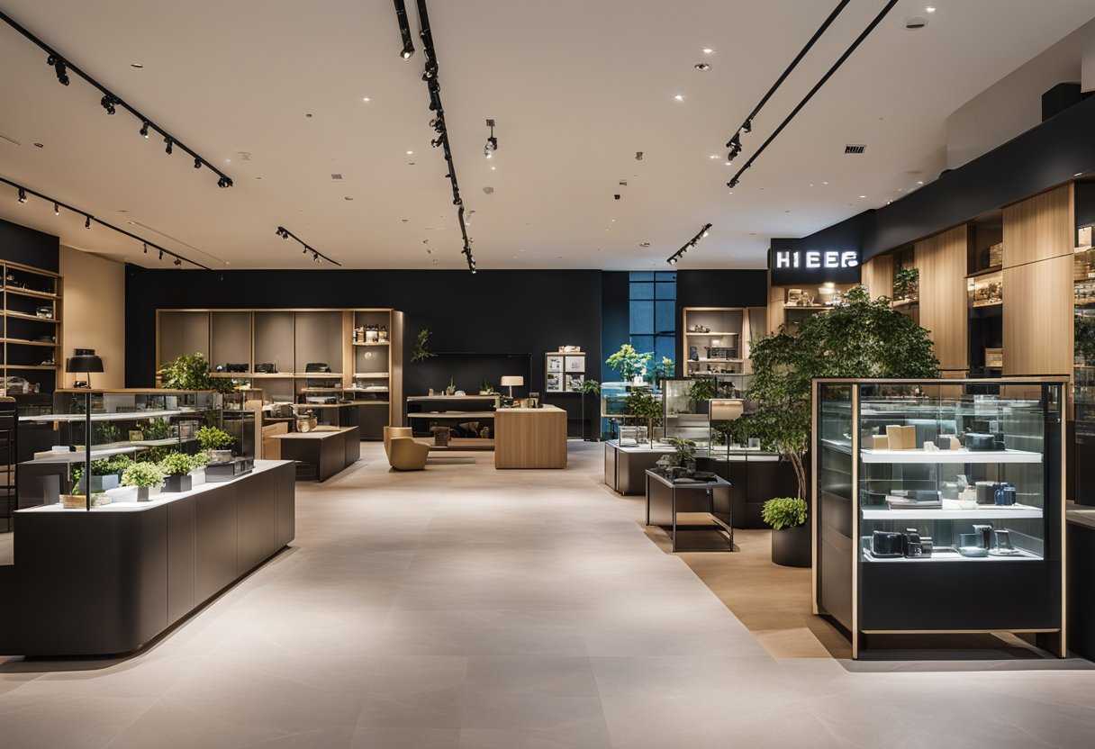 A spacious, modern furniture store in Singapore. Sleek, minimalist designs on display. Customers browsing and consulting with staff. Customization options showcased