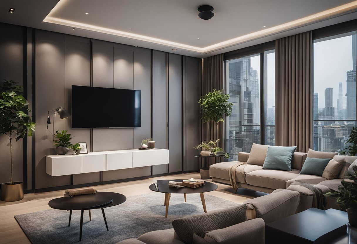A cozy condo living room with a sleek, multi-functional sofa bed, a space-saving extendable dining table, and a wall-mounted TV unit