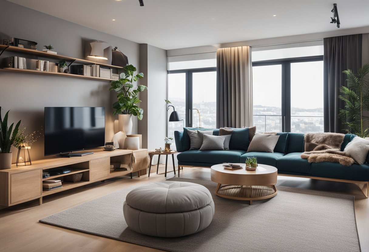 A cozy living room with a plush sofa, coffee table, and bookshelf. A sleek dining area with a table and chairs. A modern bedroom with a comfortable bed, bedside tables, and a wardrobe